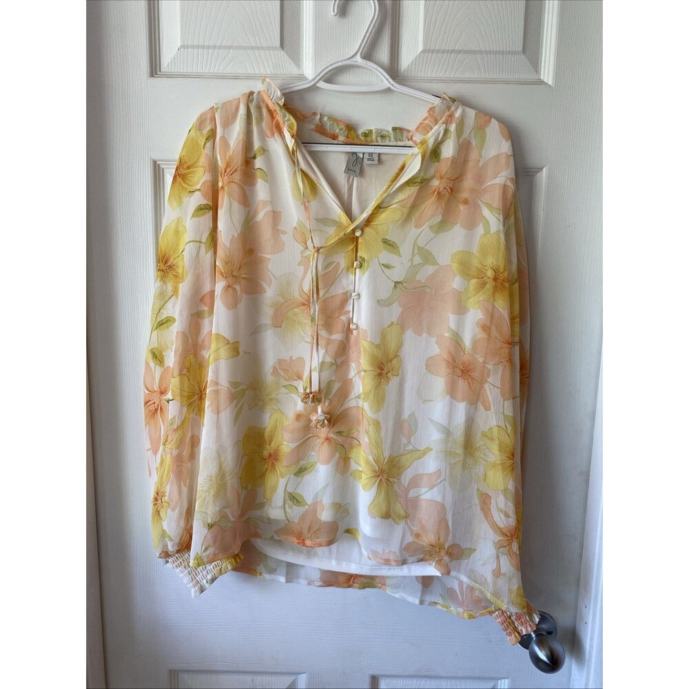 Joie Blouse Women’s Size XL 1/2 Button Sheer Tunic Long Sleeve Floral Hippie
